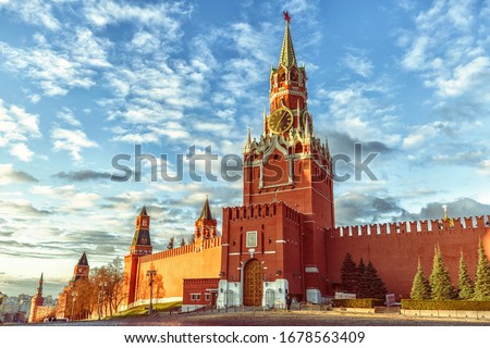 The Spasskaya Tower - the main tower of the Moscow Kremlin at Red Square, Moscow, Russia.
