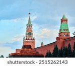 Spasskaya tower of the Moscow Kremlin on the background of blue sky                         