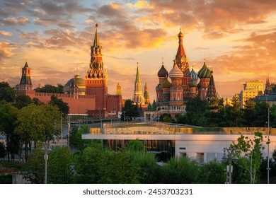 Spasskaya Tower, Moscow Kremlin, Saint Basil's Cathedral in Moscow, Russia. Architecture and landmarks of Moscow. Postcard of Moscow