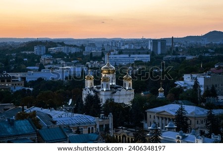 Spassky Cathedral at sunset. View from Mount Goryachaya. Pyatigorsk Stavropol region. Russia