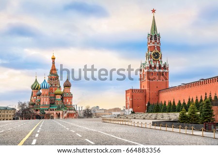 Spassky Tower and St. Basil's Cathedral on Red Square in Moscow and the colorful sky without the sun