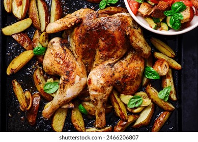 spatchcock chicken with potatoes on a baking sheet and panzanella salad..top veiw.selective focus - Powered by Shutterstock