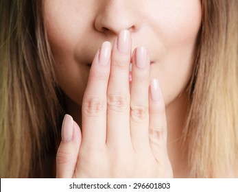 Speak No Evil Concept. Part Of Face Woman Covering Her Mouth With Hand