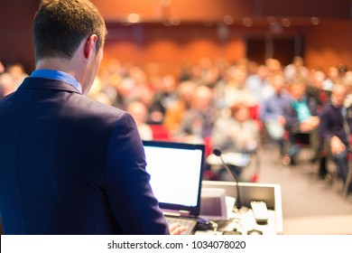 Speaker At Business Conference With Public Presentations. Audience At The Conference Hall. Entrepreneurship Club.