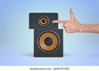 Speaker design with hand pointing at elements
