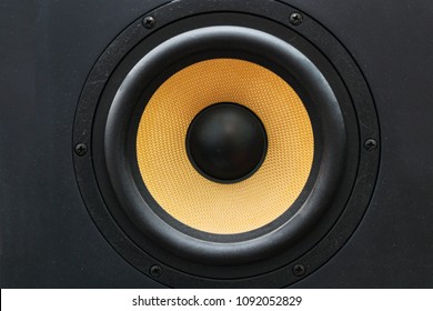 Speaker loudspeaker with yellow diffuser. Studio audio monitors