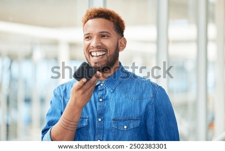 Speaker, man and phone for business in office with communication, recording and happy for audio message. Professional, employee and voice note at workplace for networking, conversation and talking