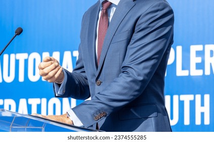 Speaker at media event, business presentation, company meeting, news conference, corporate, public or political event - Shutterstock ID 2374555285