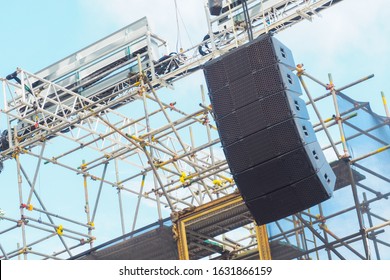 Speaker Panels That Are Hung With The Metal Frame In The Concert, Sound System Attached To The Scaffolding, Outdoor Sound System.