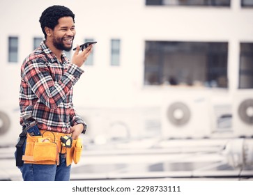 Speaker phone call, contractor and happy black man talking, chat or networking on cell conversation. Voice mail note, speech to mobile communication for male handyman consulting on smartphone contact - Powered by Shutterstock