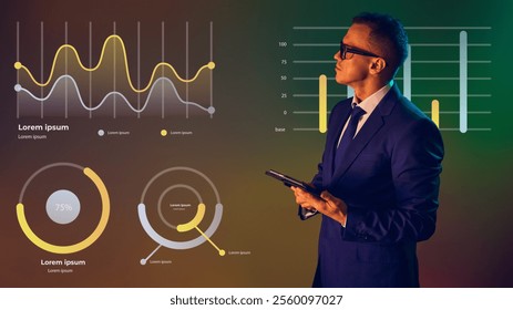 Speaker points out crucial financial trends, enhanced by colorful neon, data-driven visual backdrop. Concept of presentation, training, meeting, leadership, analysis. Copy space for ad.