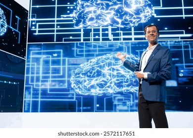 Speaker talking during discussion panel bringing together industry specialists to share insights on latest advancements in AI tech. Smiling man speaking at business expo in front of entrepreneurs