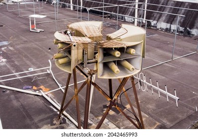 Speakers of the civil defence alarm on the roof. High quality photo of the air raid siren.