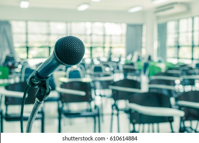 Speaker's Microphone In Empty Conference Seminar Meeting Room, No People