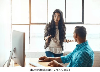 Speaking, computer and man with mentor in creative agency, article evaluation and feedback for story. Pc, review feature and journalist with editorial director for writing advice, smile and teamwork