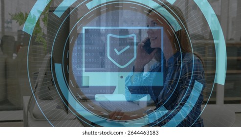 Speaking woman in check shirt using smartphone, typing on PC keyboard overlay in office, copy space. Professional, technology, cybersecurity, digital, corporate, innovation, workstation