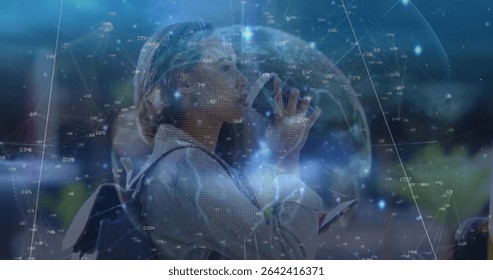 Speaking woman holding smartphone and wearing backpack on park path, with data overlay, copy space. Futuristic, technology, connectivity, communication, digital, outdoor, modern