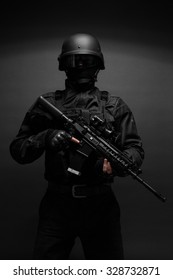 Spec Ops Police Officer SWAT In Black Uniform Studio 