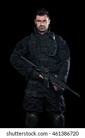 Spec Ops Police Officer SWAT In Black Uniform Studio