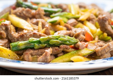 Special Chinese Sichuan Stir-Fried Vegetables, Asparagus, Stir-fried Beef and Ingredients