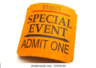 special event ticket closeup, isolated on white
