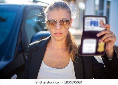 Special Federal Intelligence Agent Woman In Black Suit And Big Police Car