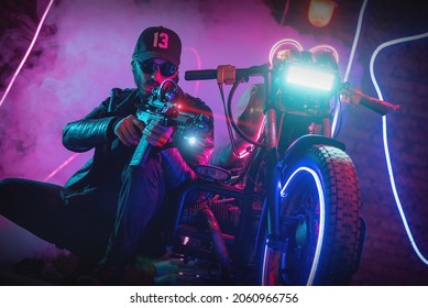 A special force agent with a rifle is hiding behind a futuristic motorbike and shooting. Cyberpunk concept.