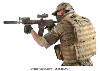 special force operator with assault rifle isolated on white