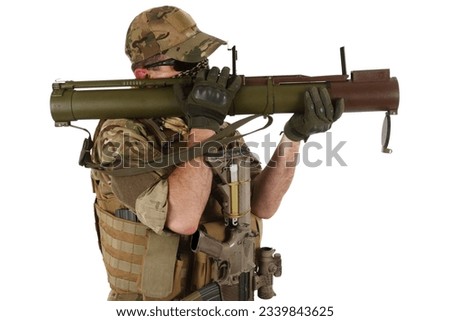 special forces operator fire RPG rocket launcher isolated on white