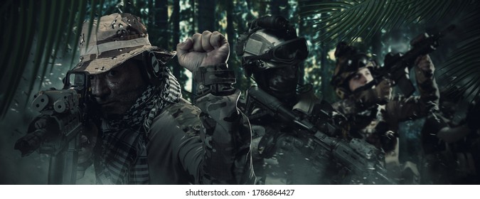 Special Forces Soldier action in dramatic forest