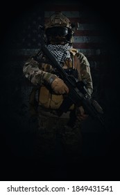 Special Forces Soldier In Battlefield . Modern Warfare.