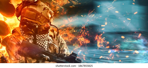 Special Forces Soldier In Battlefield . Modern Warfare.