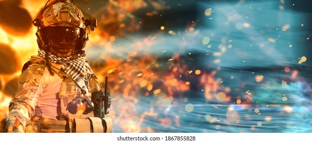 Special Forces Soldier In Battlefield . Modern Warfare.