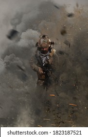 Special Forces Soldier Running On The Battlefield