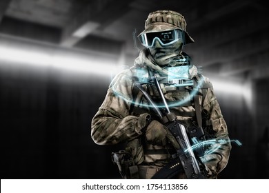 Special Forces Soldier With Weapon In . Shot In Studio. Hangar With Windows On Background. (cover Design, Military Concept Of The Sci-fi Future Soldier, Flip Version)