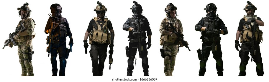 Special Forces Soldiers And Swat Team Members, Isolated White Background