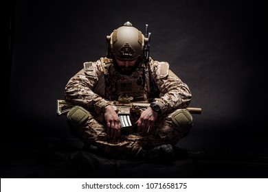 Special forces United States soldier or private military contractor with PTSD. Image on a black background.