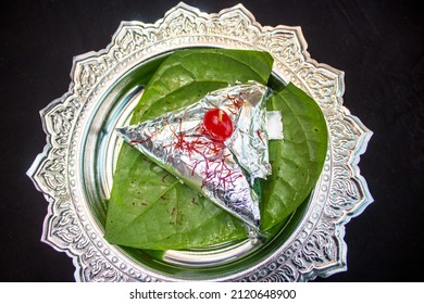 Special meetha paan masala isolated on Betel leaf top view