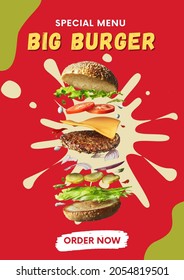 Special Menu Big Burger Flyer. Delicious Monster Burger With Flying Ingredients Isolated On Red And Green Background.