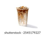 Special menu with latte ice coffee put on white background with isolated photo style.latte ice coffee in plastic glass.