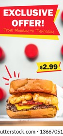 Special Offer Food Banner. Promotion Design Template With Burger Image And Graphic Elements. Advertisement For Website, Flyer, Booklet, Billboard, Poster