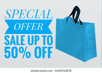 Special Offer Sale Banner UP TO 50% OFF with Shopping bag on white background. Trendy Very Peri color of the year 2022