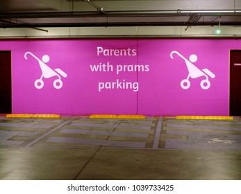 special parents with prams parking reserved space on an underground public car park