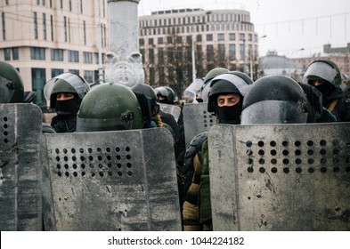 Special police unit with shields against protesters. Belarusian people participate in the protest against Lukashenko and the current authorities. Minsk, Belarus