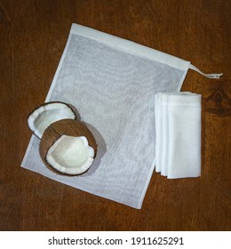 Special Pouch For Nut Milk. White Cotton Bag For Making Vegan Coconut Milk At Home