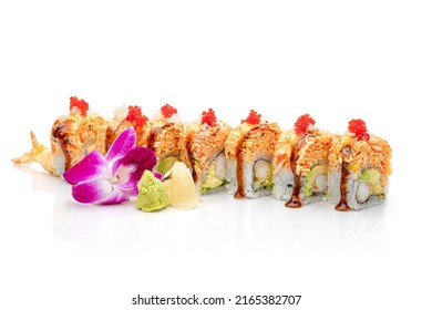 Special Sushi roll nicknamed the Lava Roll. Sushi roll with Shrimp Tempura, avocado, spicy kani mix, masago and ell glaze - Shutterstock ID 2165382707