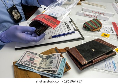 Specialised police officer takes wallet with money out of a murder evidence bag, conceptual image - Powered by Shutterstock