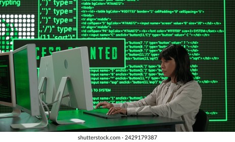 IT specialist against big digital screen. Back view african american woman programmer works on computer, screen digital code data process.