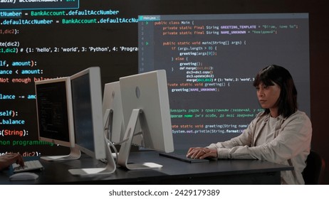 IT specialist against big digital screen. Back view african american woman programmer works on computer, screen digital code data process.