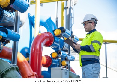 A specialist engineer is inspecting the structural integrity of the water tank and high-pressure pipes.